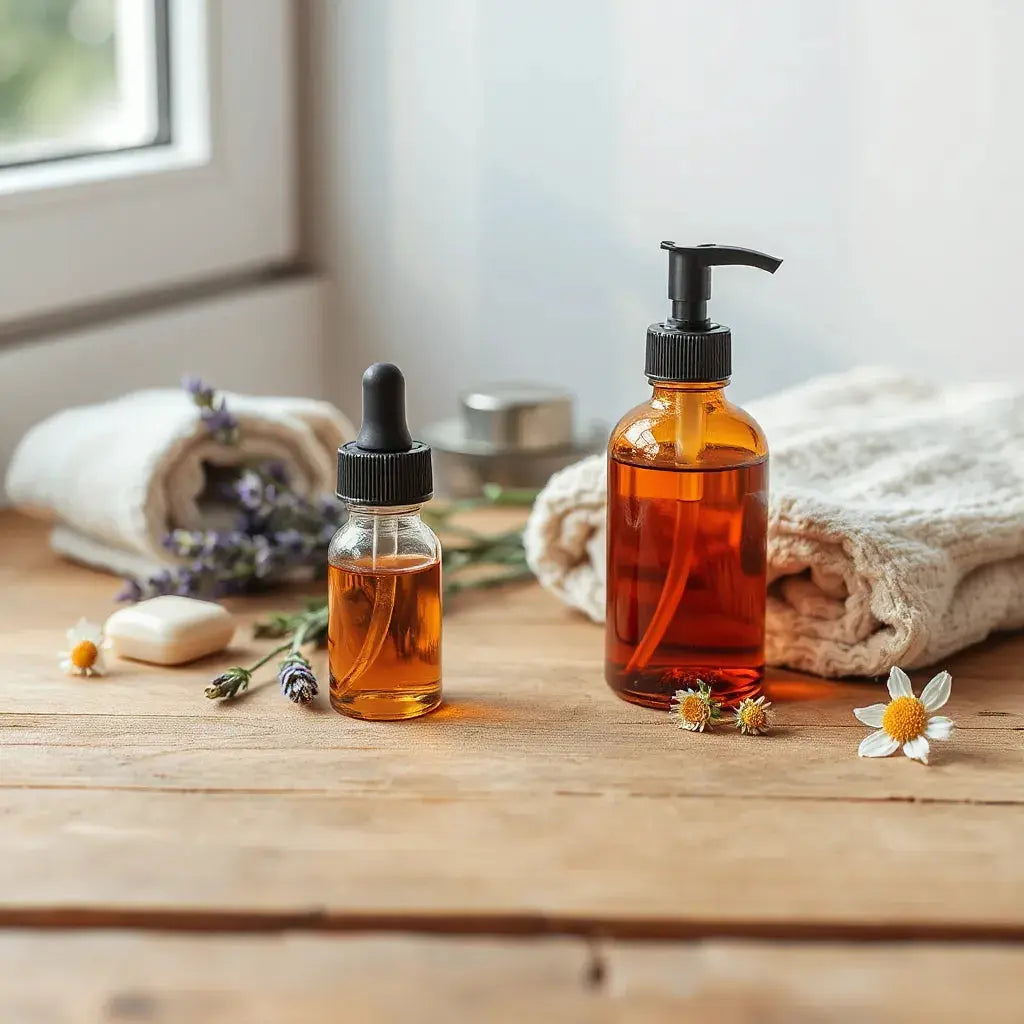 Glass bottles of warm body oil with lavender and a soft towel on a wooden surface