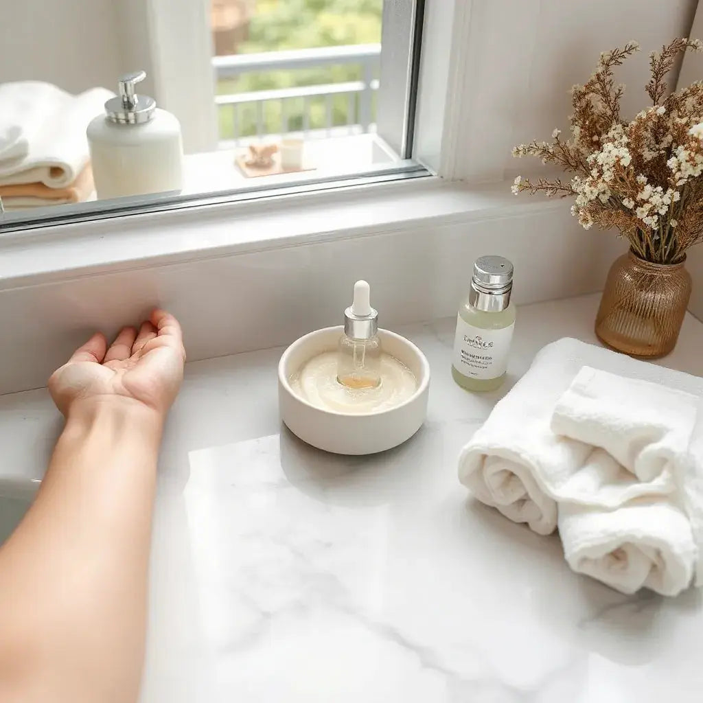 Soothing skincare products beside a moisturized forearm in soft natural light