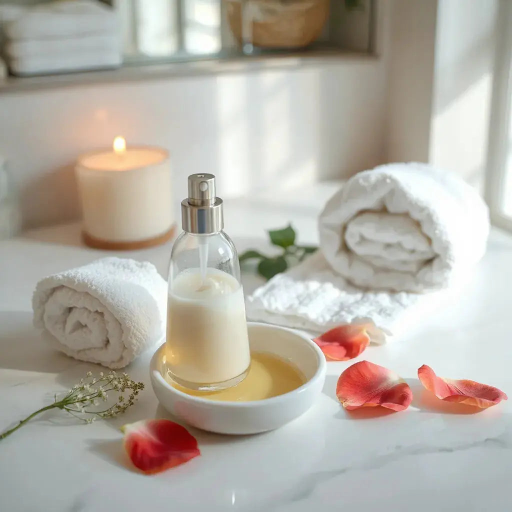 Elegant body care products, creamy lotion, and warm spa lighting on a minimalist vanity