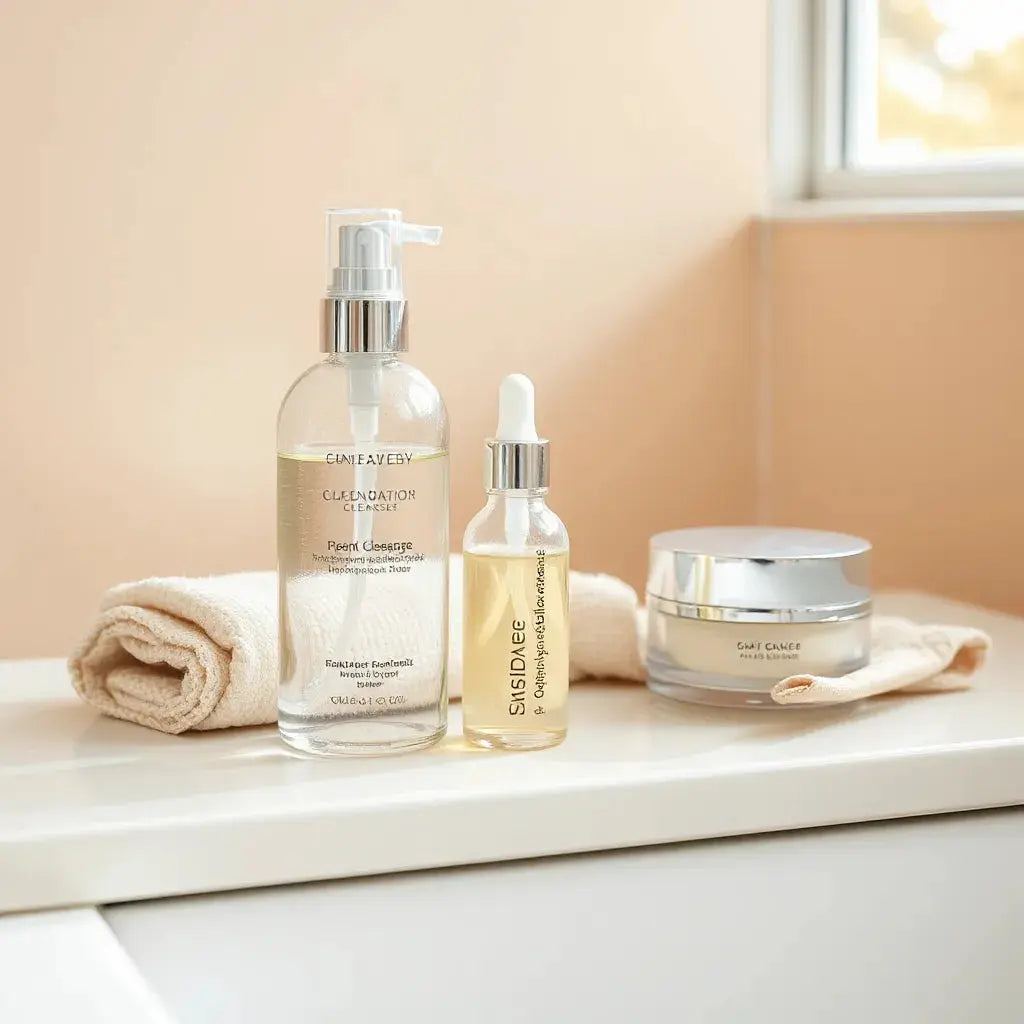 Skincare bottles and cream jar arranged on a bright vanity with natural light for a dewy glow