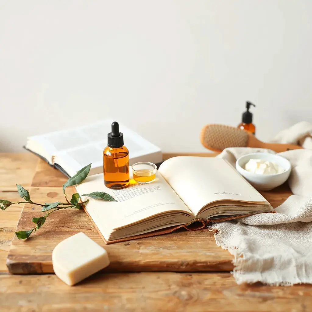 Stack of natural beauty books with hair oil, shea butter, soap, and fresh leaves on a wooden table