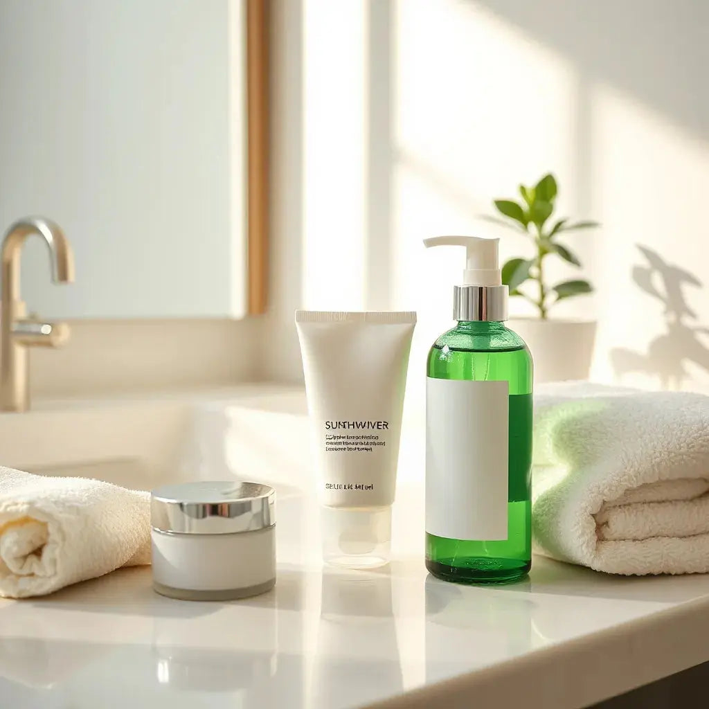 Skincare essentials arranged on a clean vanity with soft natural light for a dewy, radiant look