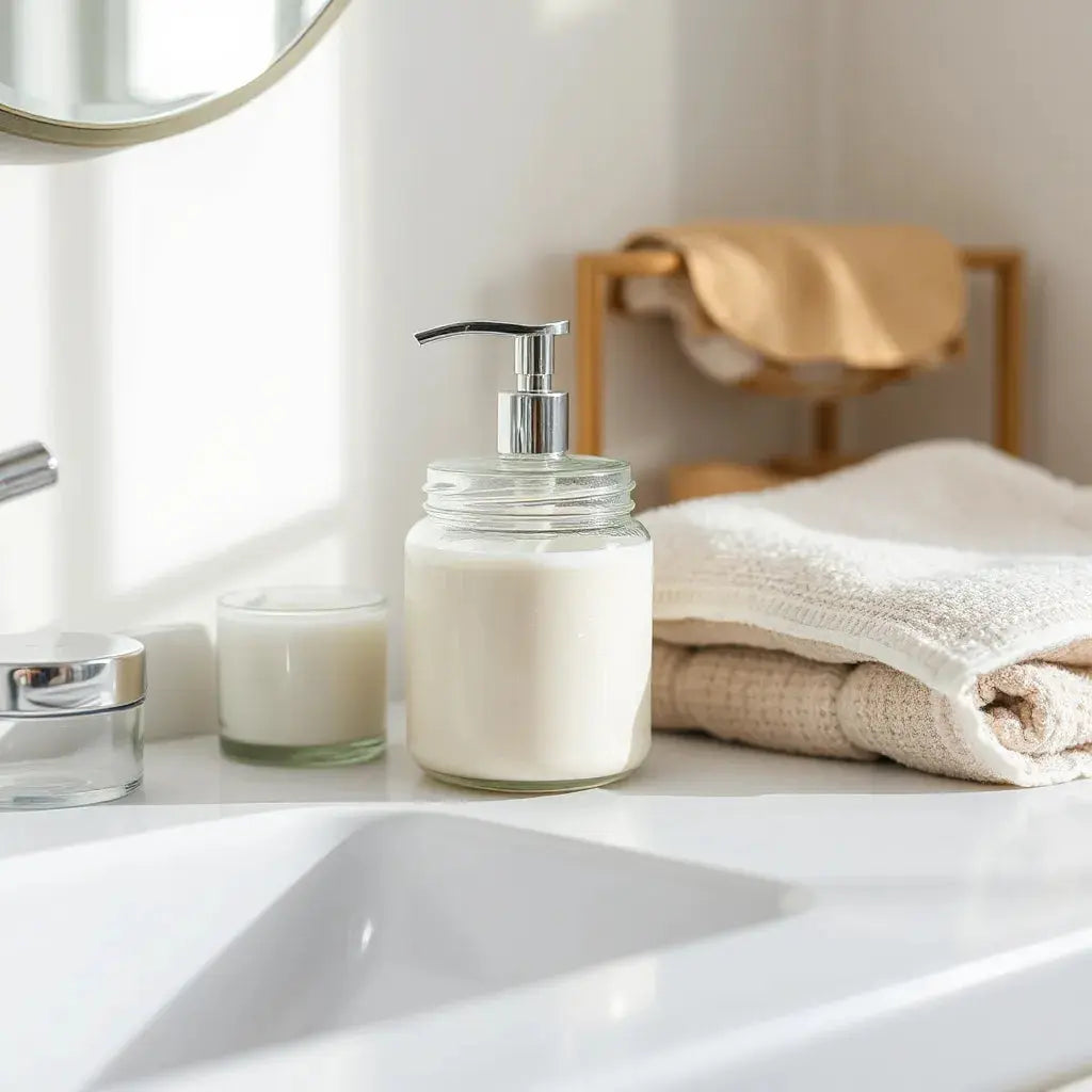 Lotion and hydrating body care products on a bathroom vanity with soft towel and natural light