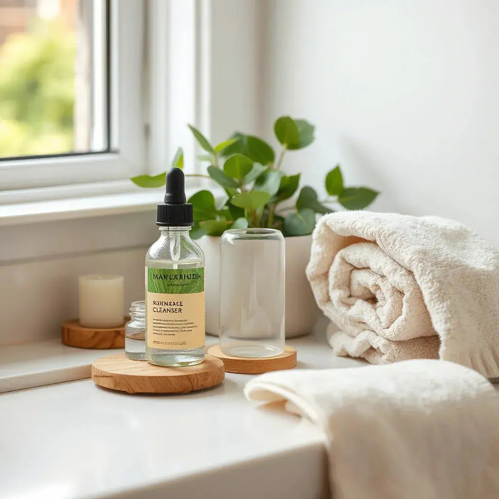 Skincare bottles and moisturizer arranged on a clean vanity with soft natural light