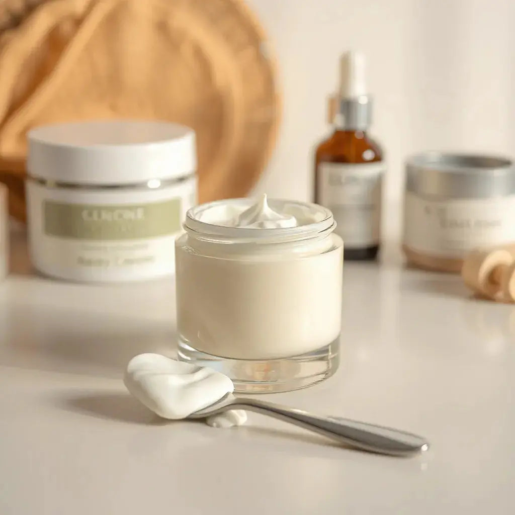 Jar of creamy body cream with a spatula on a clean, minimal countertop
