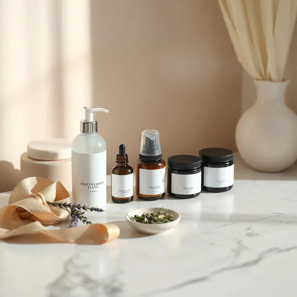 Minimalist body care bottles and jars on a marble vanity with dried botanicals in soft warm light