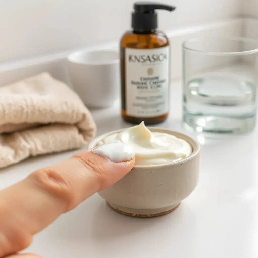 Luxurious cream moisturizer on fingertips with soft background skincare elements and gentle daylight
