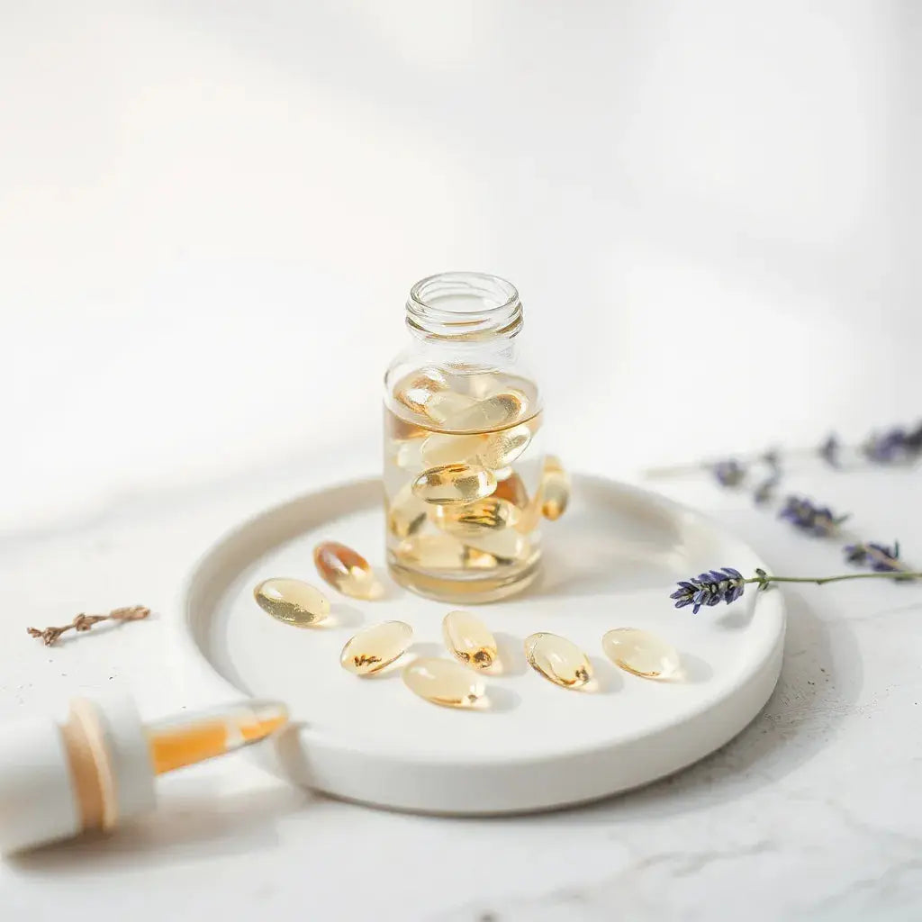 Translucent essential oil capsules and a small glass jar on a clean skincare setup