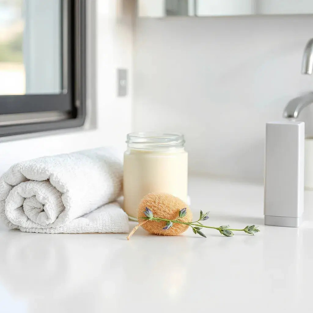 A body moisturizer jar and gentle exfoliating tools on a clean countertop with soft, natural lighting
