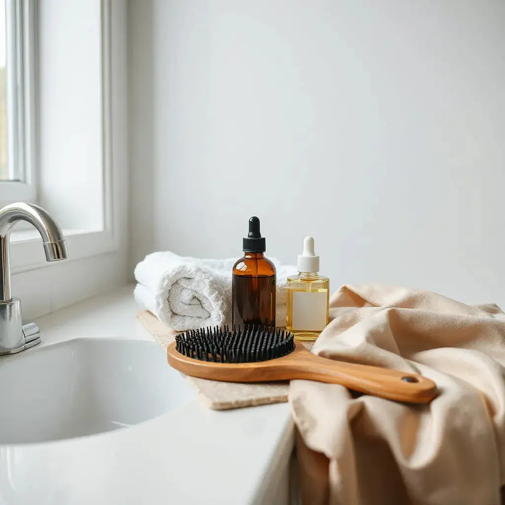 Neatly arranged hair care essentials on a bathroom counter with comb, towel, and conditioning products