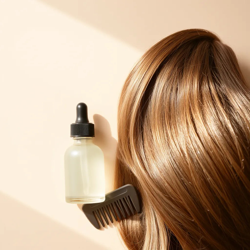 Glossy natural hair strands with a dropper hair serum and wide-tooth comb on a neutral background