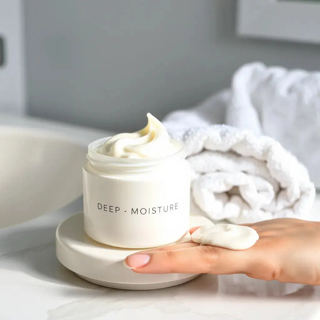 Jar of deep moisture body cream on a clean vanity with towel and soft lotion swirls visible