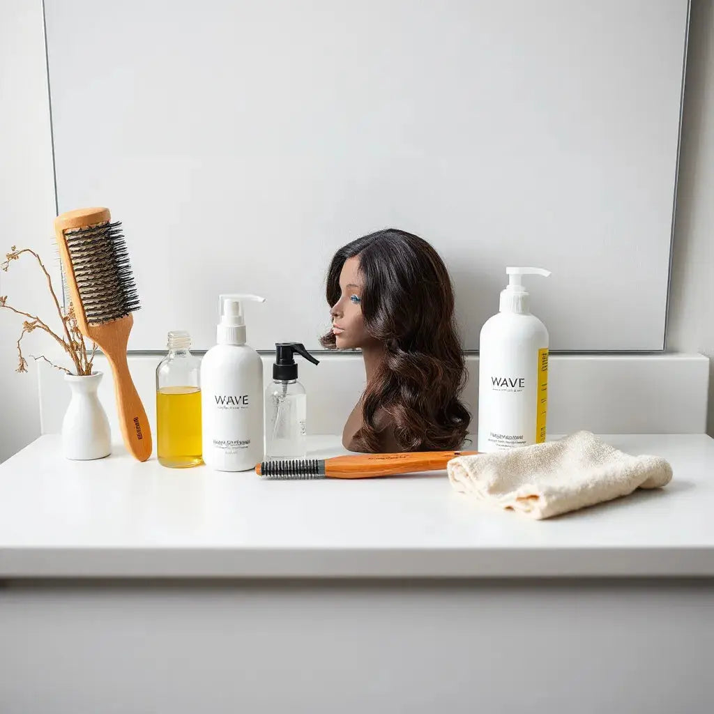 Wig and weave care essentials with brush, bottles, microfiber cloth, and a styled wig on a mannequin
