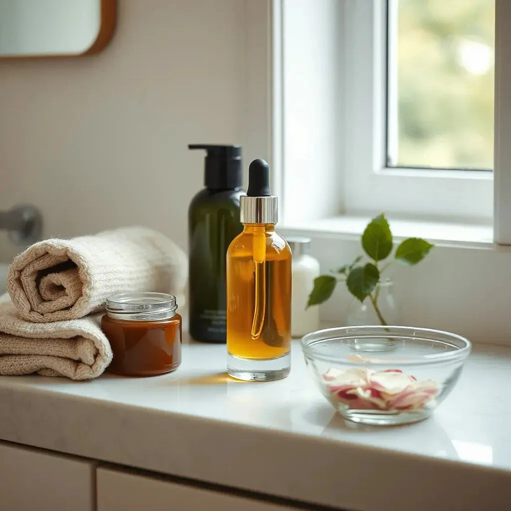 Serum bottle and skincare jars on a clean vanity with soft natural light