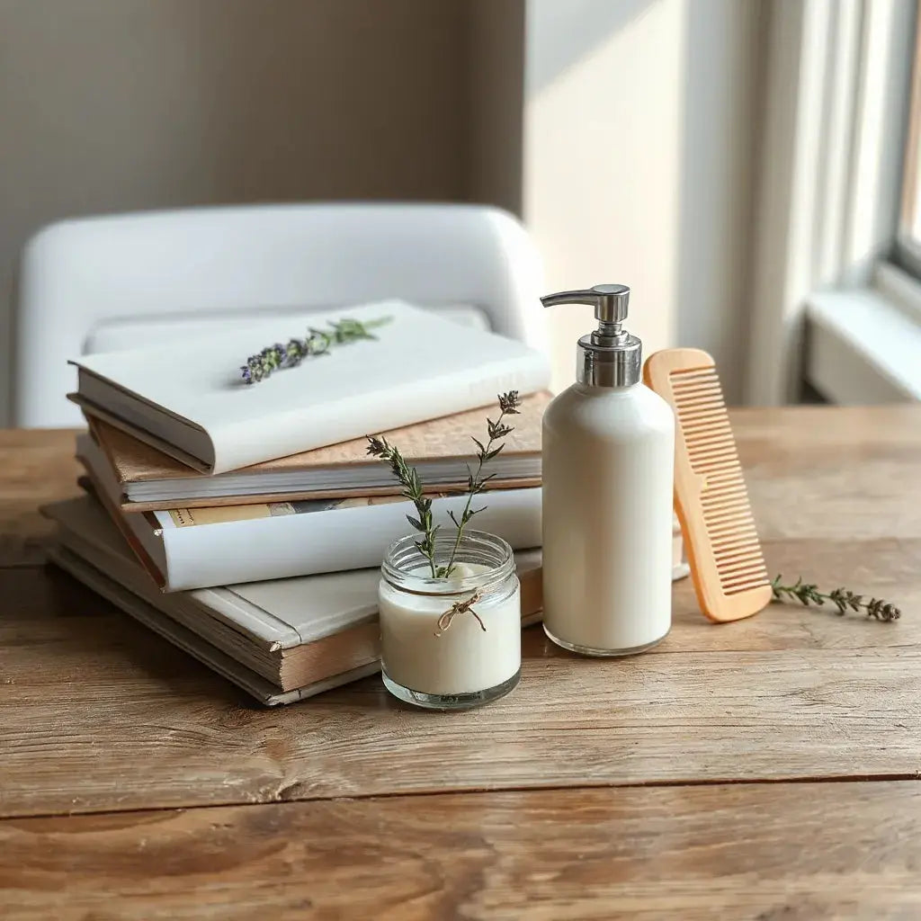 Stack of natural beauty and hair care books on a wooden table with lotion and botanical sprig
