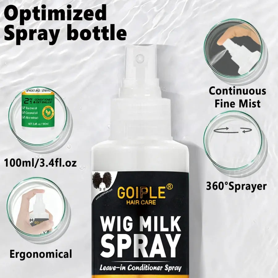 100ml Wig Milk Spray in optimized spray bottle for synthetic hair care with ergonomic design and continuous fine mist.