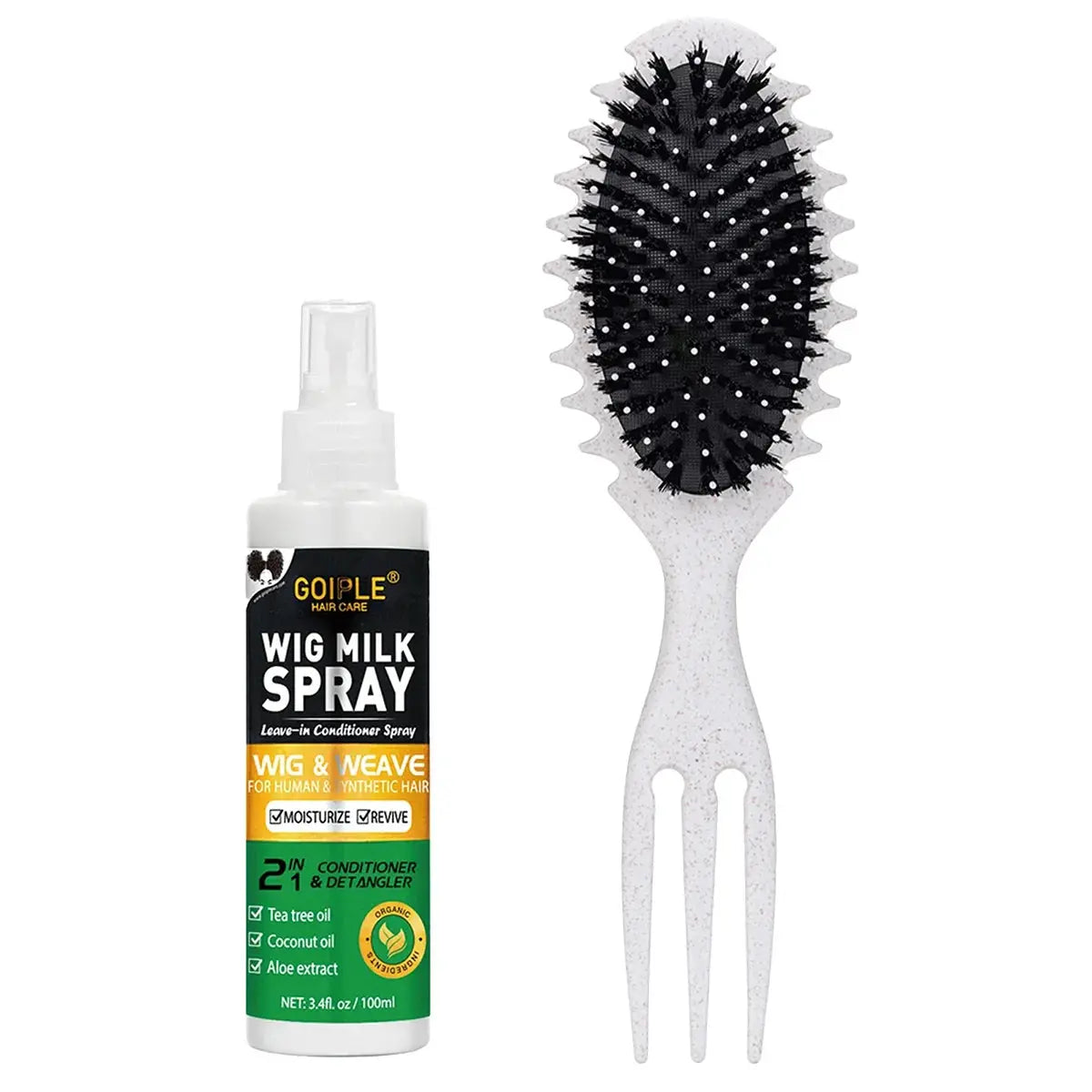 100ml Wig Milk Spray bottle next to a detangling brush for wig care and maintenance.