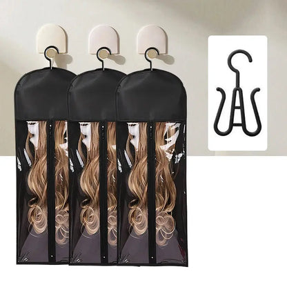 Wig Storage Bag with Hanger Holder, three black pouches designed for storing wigs, water and dust-proof.
