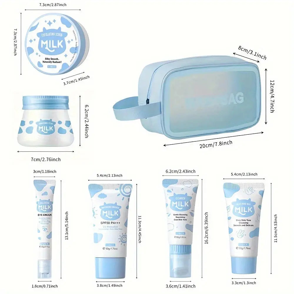 7PCS Milk Skin Care Set Moisturizing Hydration Body Beauty Facial Cleanser Body Scrub Hand Wax Eye Cream Sunscreen Storage Bag Mysterious