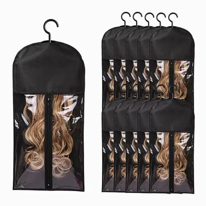 Wig Storage Bag with hanger holder case showcasing multiple pouches for protecting wigs from dust and moisture.