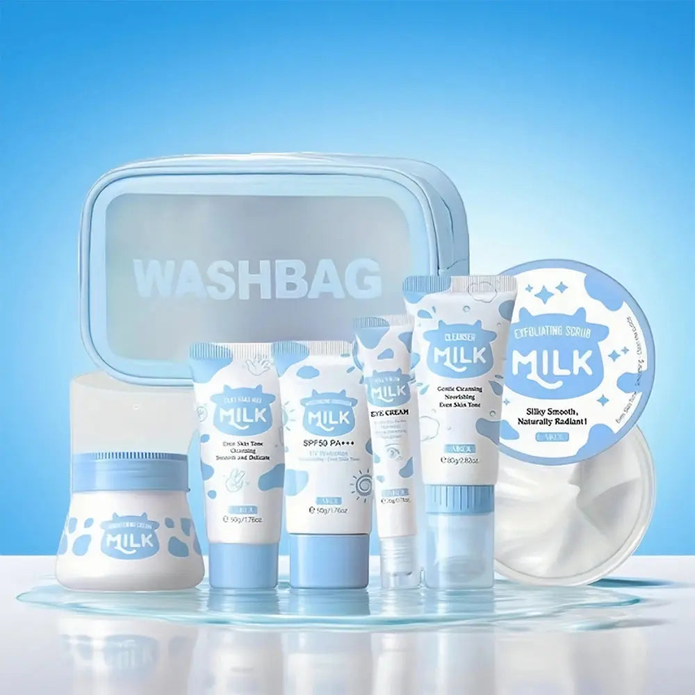 7PCS Milk Skin Care Set Moisturizing Hydration Body Beauty Facial Cleanser Body Scrub Hand Wax Eye Cream Sunscreen Storage Bag Mysterious