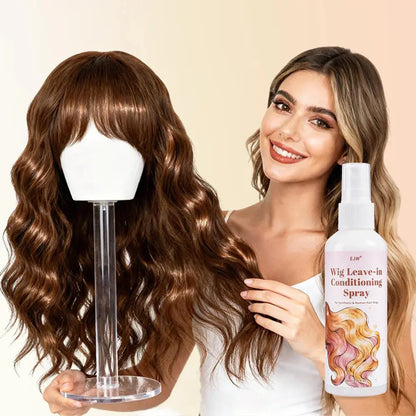 Wig Hair Care Oil Spray shown with mannequin wig and model, highlighting hydrating and smoothing benefits.