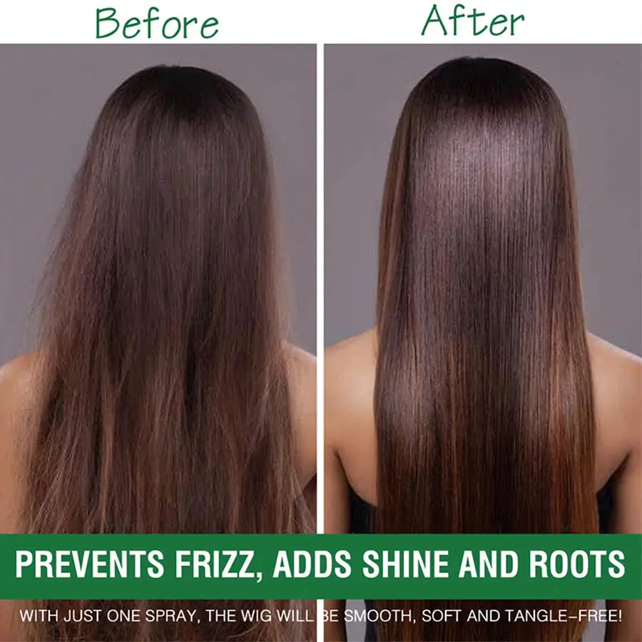 Before and after image showing the results of 100ml Wig Milk Spray on synthetic hair.