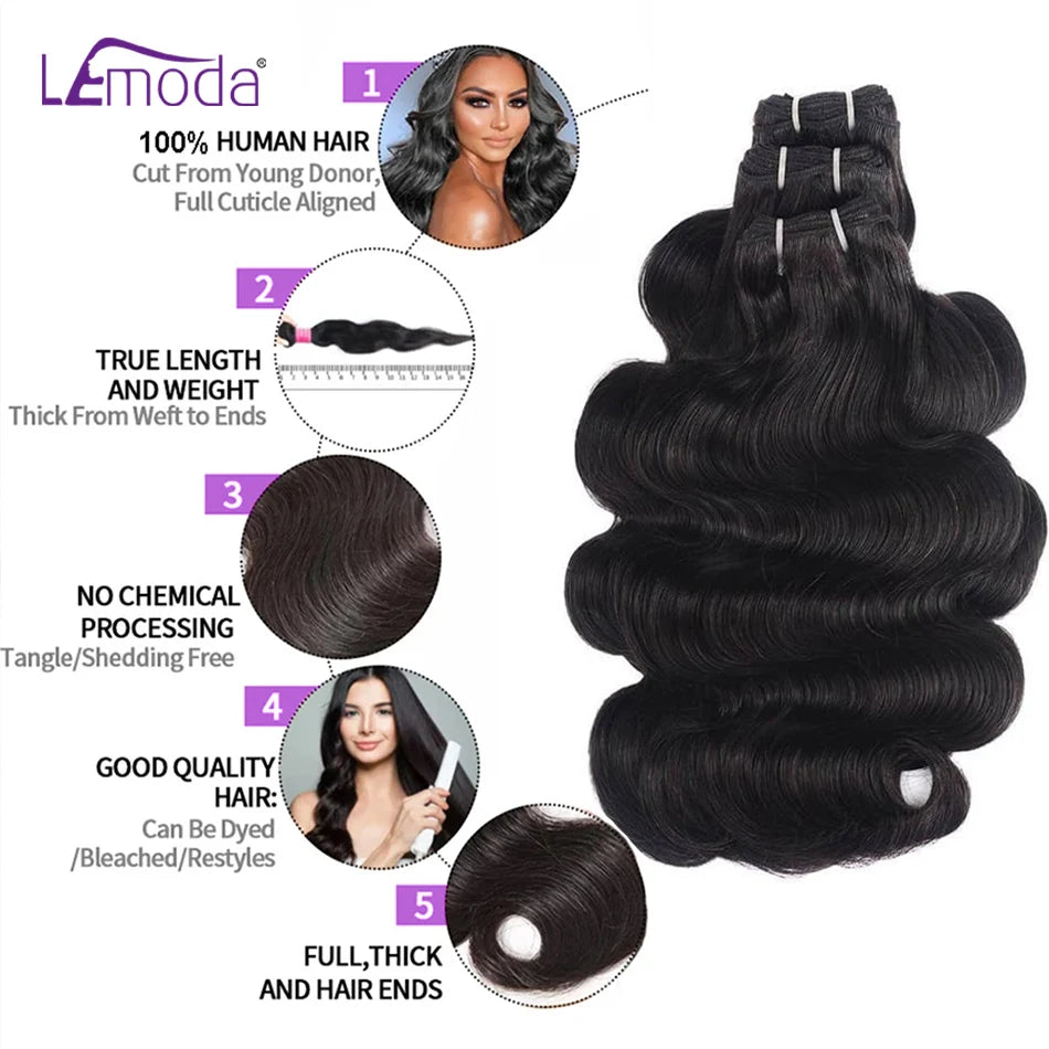 Lemoda 15A Human Hair Bundles Body Wave Virgin Hair 30 32 Inches Unprocessed Raw Human Hair Extensions 1/3/4 Pcs Natural Black