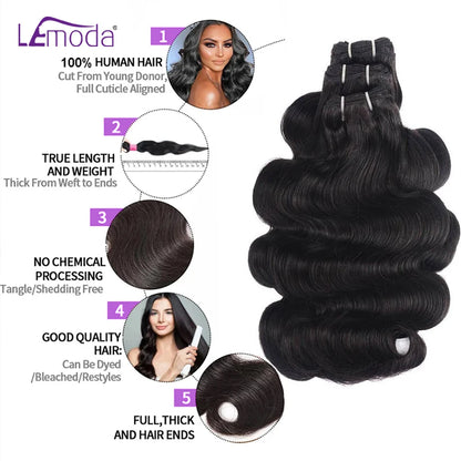 Lemoda 15A Human Hair Bundles Body Wave Virgin Hair 30 32 Inches Unprocessed Raw Human Hair Extensions 1/3/4 Pcs Natural Black