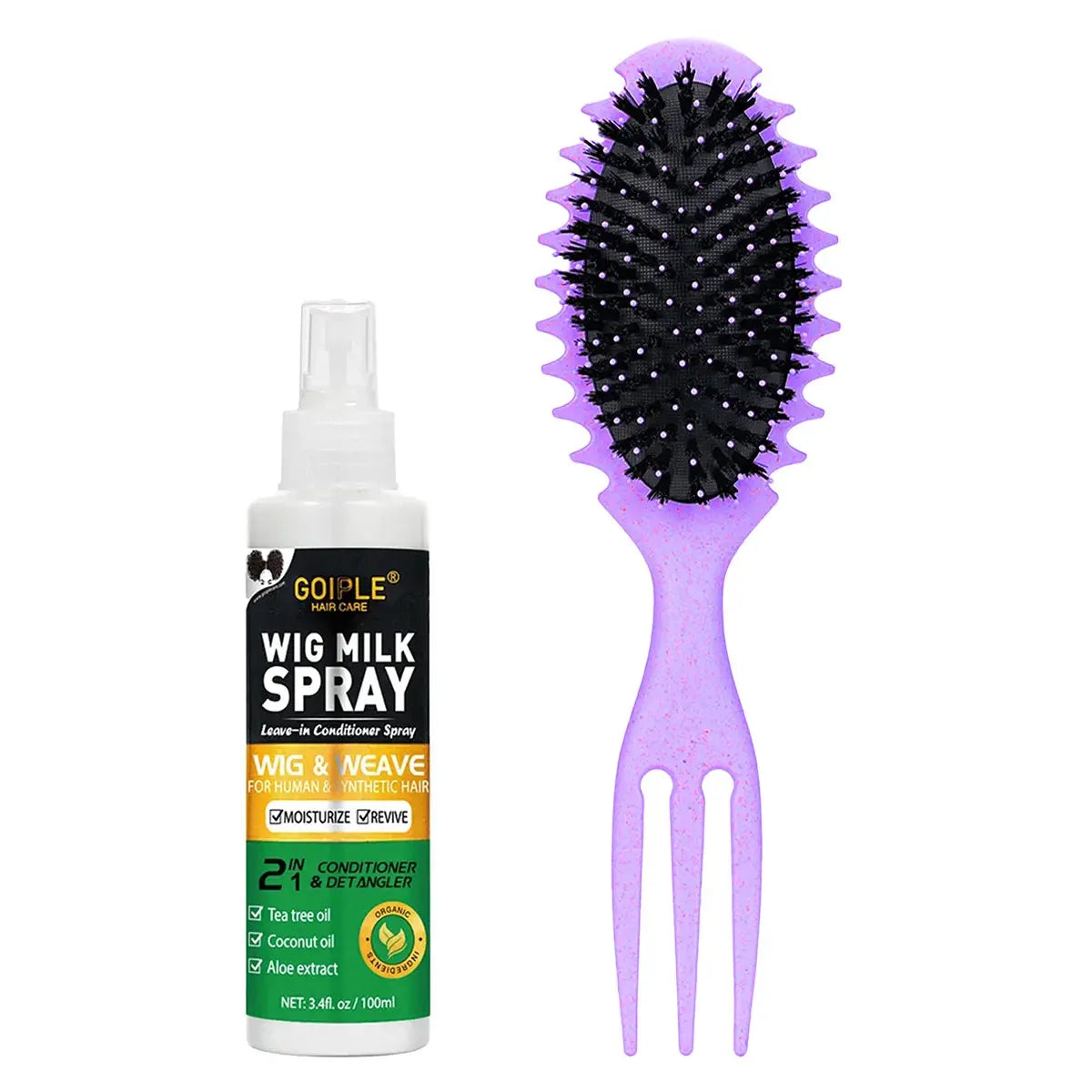 100ml Wig Milk Spray bottle with purple detangling comb for wig care and maintenance.