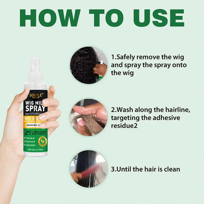 How to use 100ml Wig Milk Spray: spray on wig, wash hairline, ensure hair is clean.
