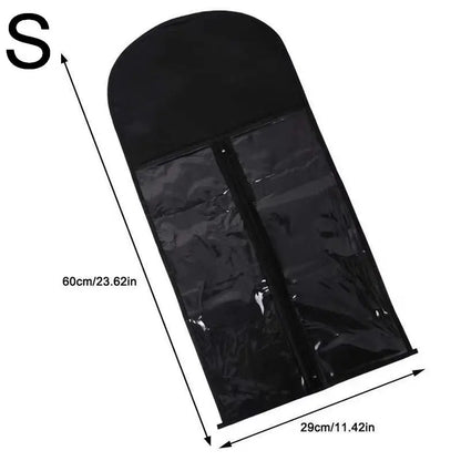 Wig Storage Bag With Hanger Holder for safe, water and dust-proof wig storage in black protective pouch.