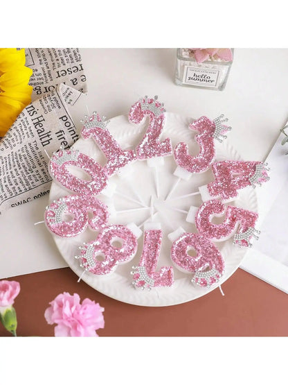 Cake Numeral Candles ，Birthday Candle  pink Colour Creative Candle Princess Crown Girl Happy Birthday Party Decoration Mysterious