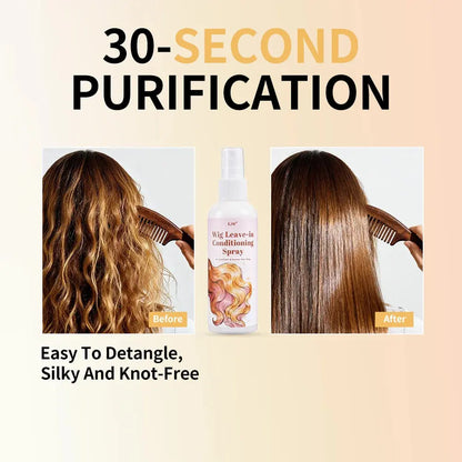 Wig Hair Care Oil Spray before and after, showcasing easy detangling and silky, knot-free hair results.