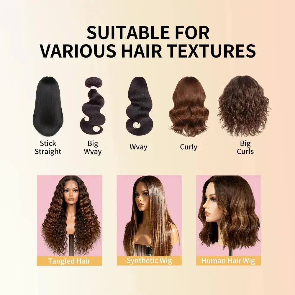 Wig Hair Care Oil Spray graphic showing suitable hair textures: stick straight, big wavy, curly, human hair wig, synthetic wig.