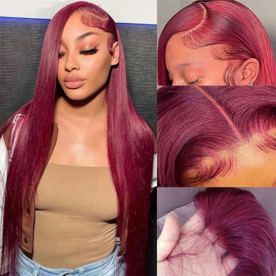 99J Burgundy Human Hair Wigs Straight Lace Front Wigs 13X6 Hd Lace Frontal Wigs Colored Red Brazilian Hair 250 Density For Women