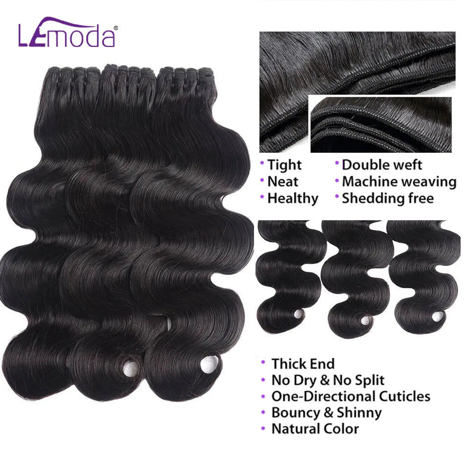 Lemoda 15A Human Hair Bundles Body Wave Virgin Hair 30 32 Inches Unprocessed Raw Human Hair Extensions 1/3/4 Pcs Natural Black