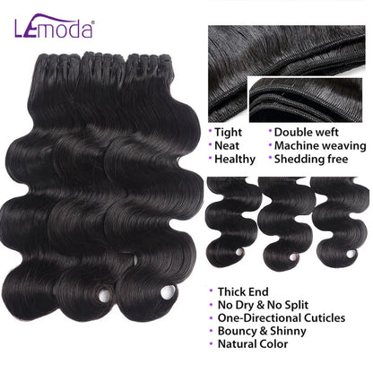 Lemoda 15A Human Hair Bundles Body Wave Virgin Hair 30 32 Inches Unprocessed Raw Human Hair Extensions 1/3/4 Pcs Natural Black