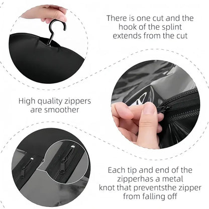 Wig Storage Bag with hanger holder showcasing high-quality zippers and secure hook design for dust-proof protection.