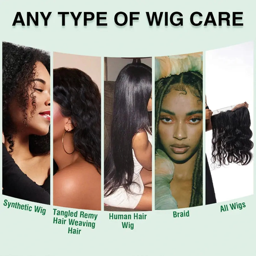 Image showcasing various types of wig care including 100ml Wig Milk Spray for moisturizing all wigs.
