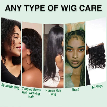 Image showcasing various types of wig care including 100ml Wig Milk Spray for moisturizing all wigs.