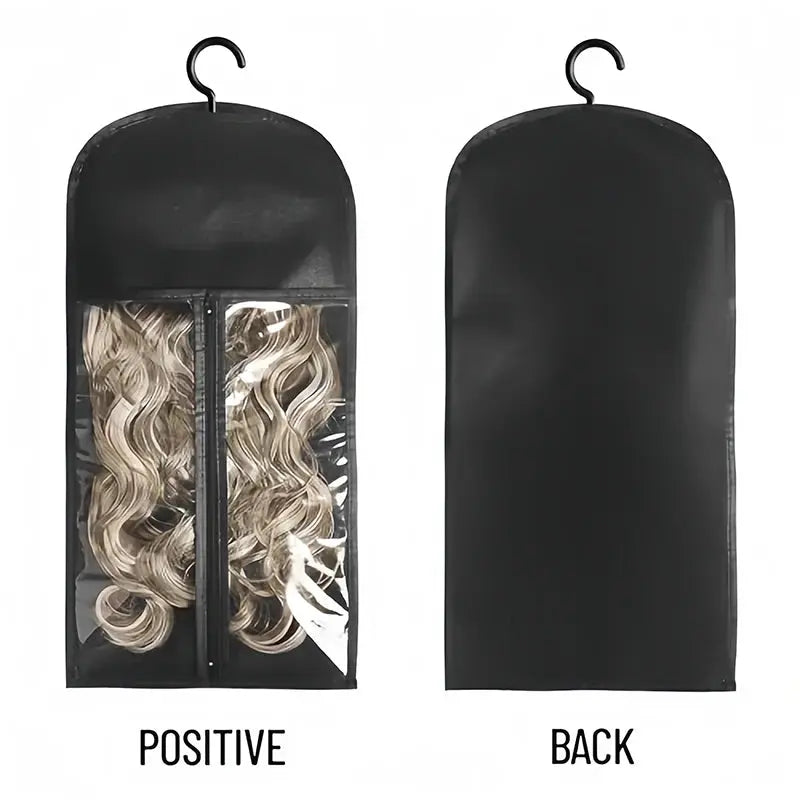Wig Storage Bag with hanger holder case, showcasing transparent front and black back, water and dust-proof design.