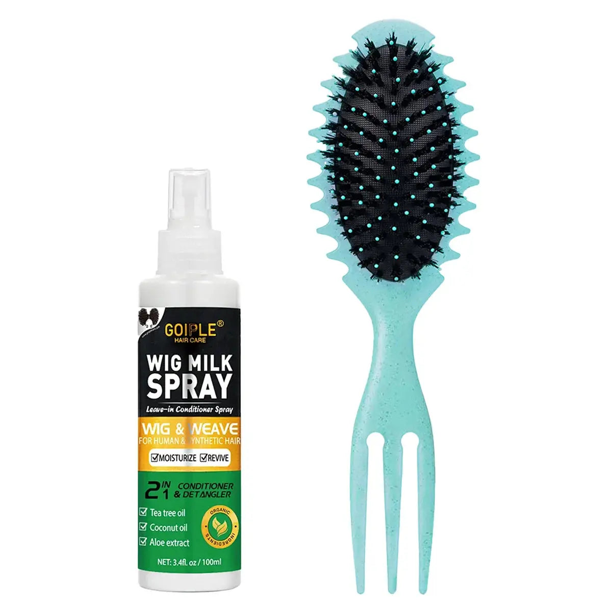 100ml Wig Milk Spray bottle next to a detangling brush for wig care and maintenance.